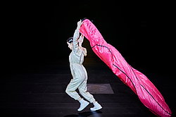 Szene aus ‚Oinkonomy' am Theater Gütersloh: Miriam Berger in hellem Kostüm schwingt großes pinkfarbenes Tuch auf dunkler Bühne.